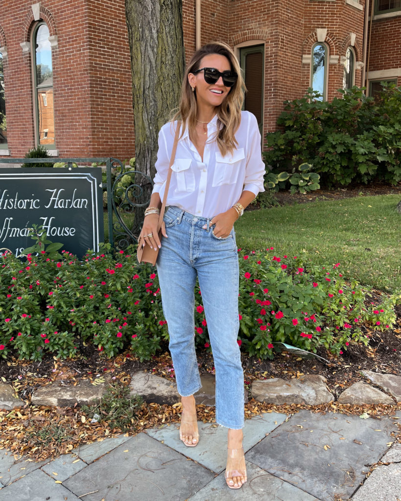 Karina Style Diaries wearing white button up, high straight legged jeans, express sandals