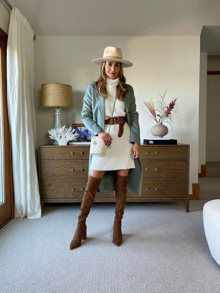 Karina Style Diaries wearing amazon white pullover dress, nordstrom long wool coat, fedora hat, otk boot, fall style