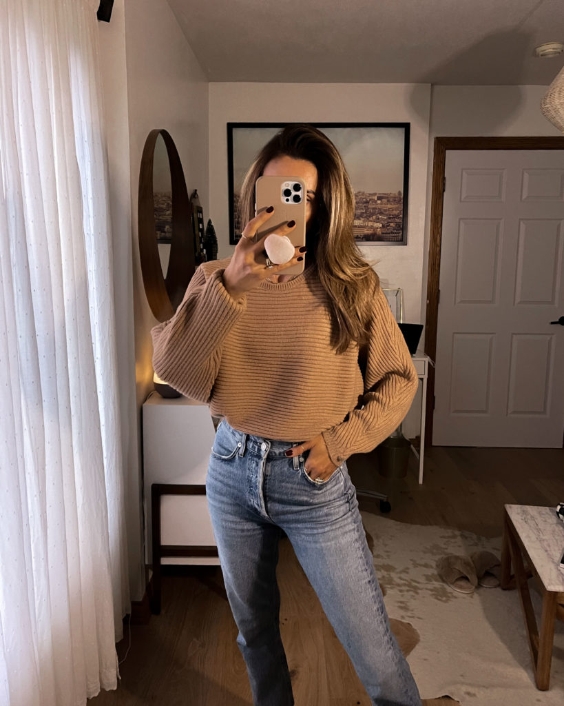Karina Style Diaries wearing express ribbed dolman sleeve sweater, high rise crop jeans, fall style
