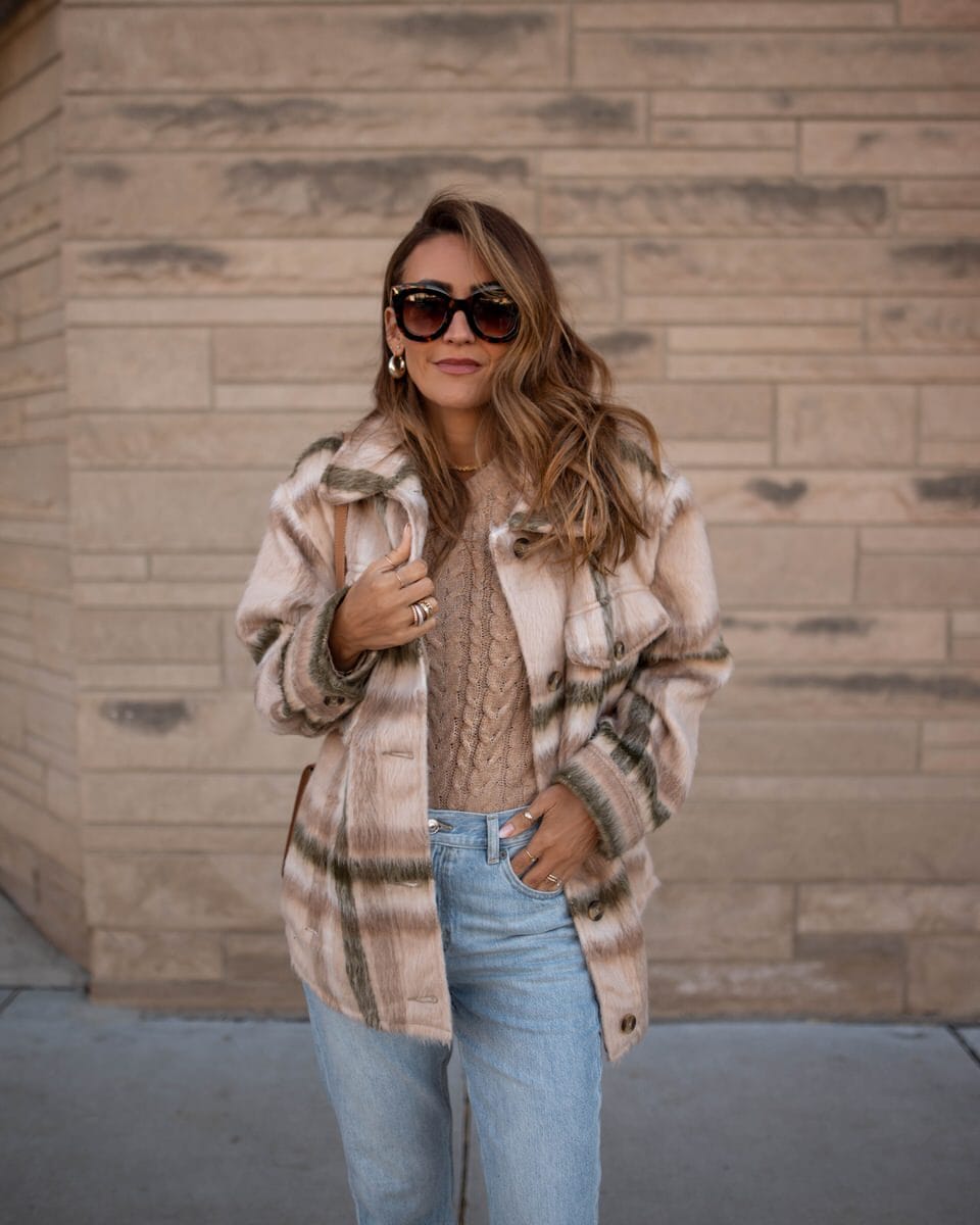 Karina wears american eagle fuzzy shacket with mom jeans - Karina Style  Diaries