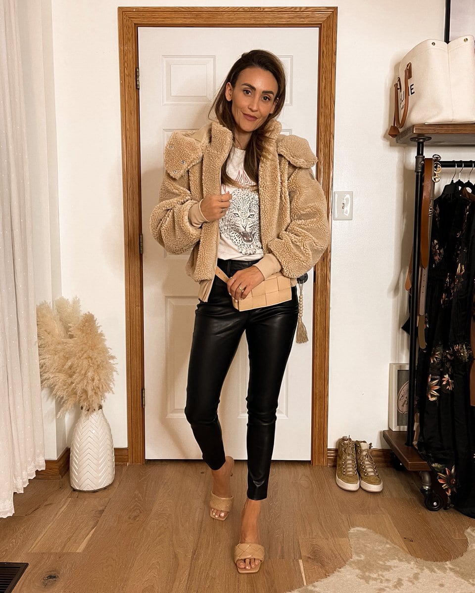 Sherpa Jacket + Faux Leather Pants Styled in 4 Ways - Karina Style Diaries