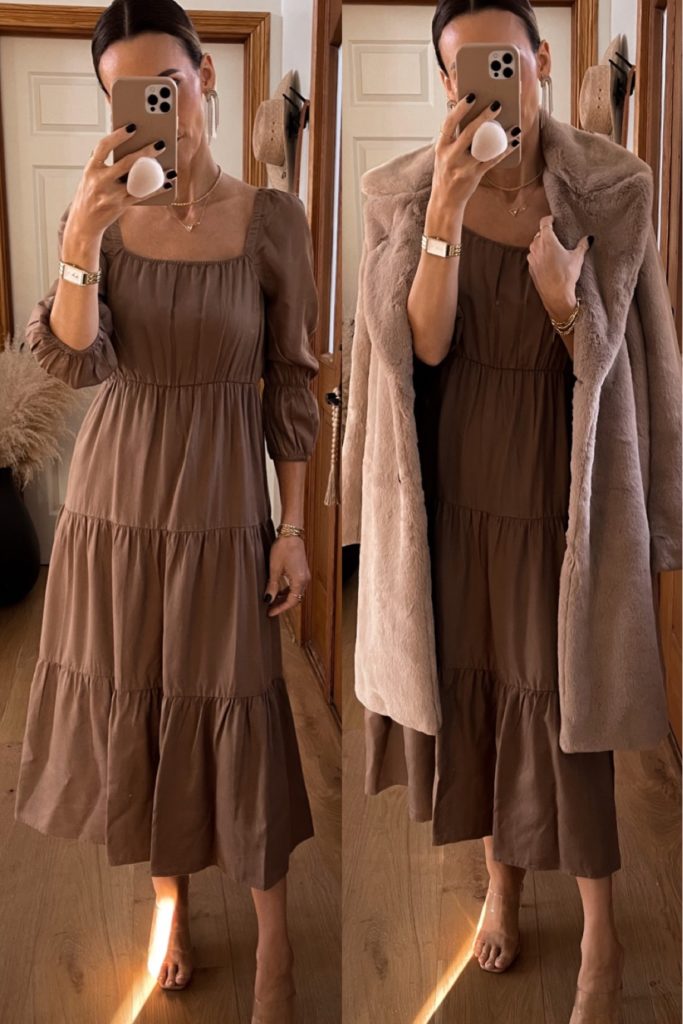 Karina wears tiered brown dress with faux fur coat amazon