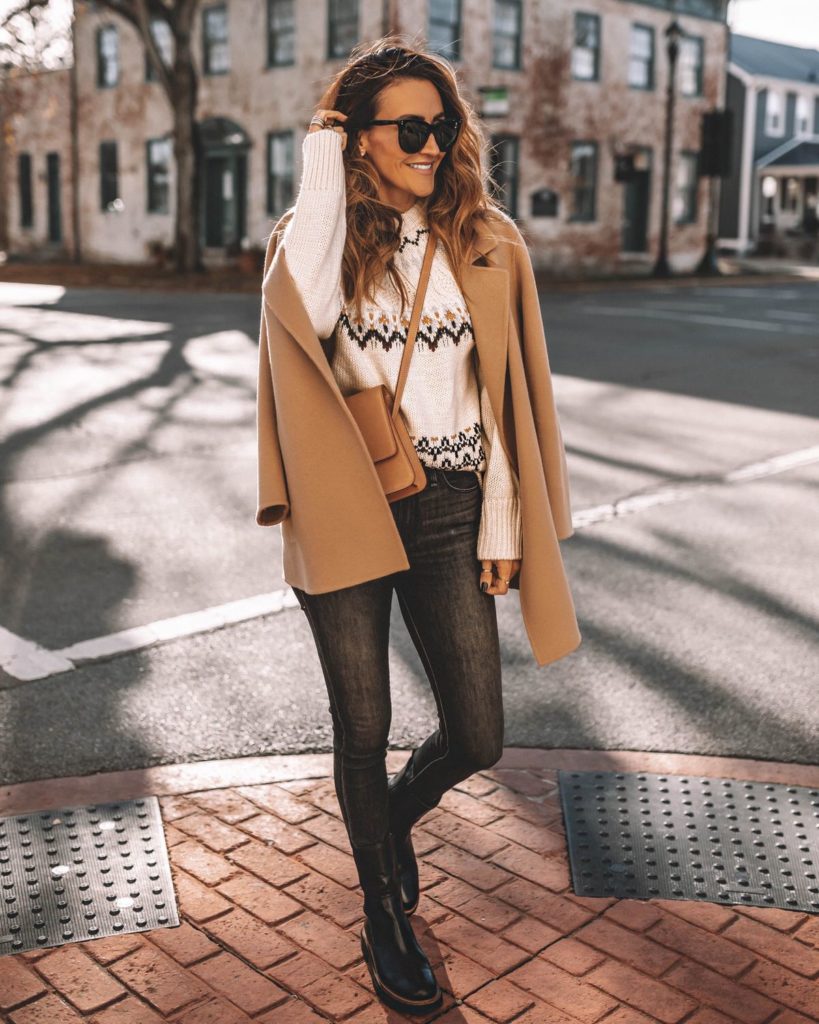 Karina wears laguna chelsea boot with sweater and camel coat