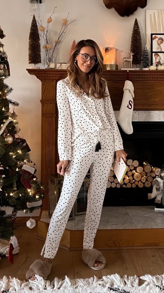 Karina wears soma black and white polka dot pajama set