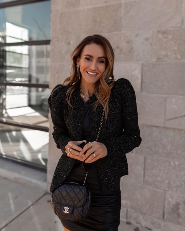 Karina wear express black leather dress and rhinestone heel