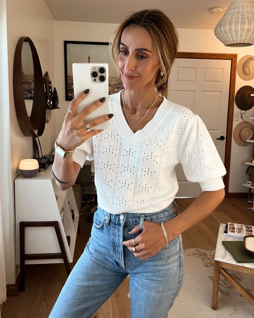 karina wears amazon short sleeve sweater with straight leg jeans and dior slides