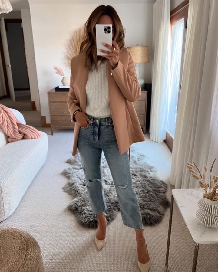 Karina wears Express camel coat with white sweater and straight leg jeans