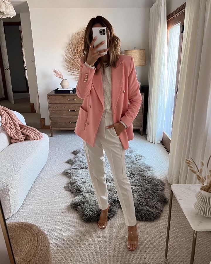 Karina wears Express pink blazer with white ankle pant