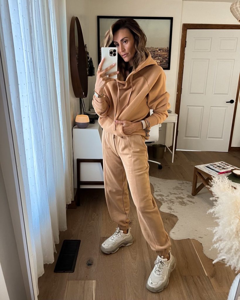 karina wears amazon camel matching set with balenciaga sneakers