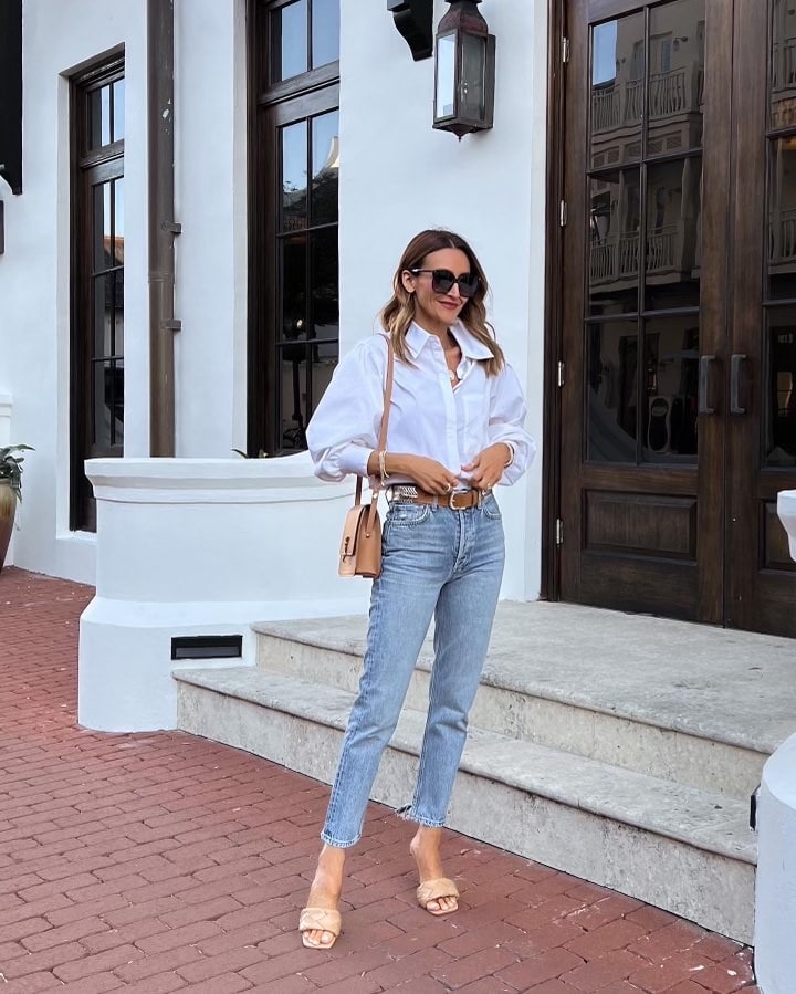 Karina wears nordstrom white button down shirt with agolde denim and ysl bag