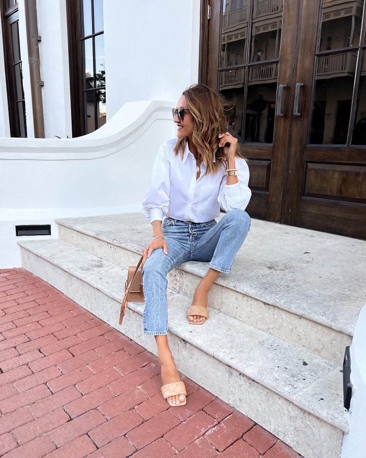 Karina wears nordstrom white button down shirt with agolde denim and ysl bag
