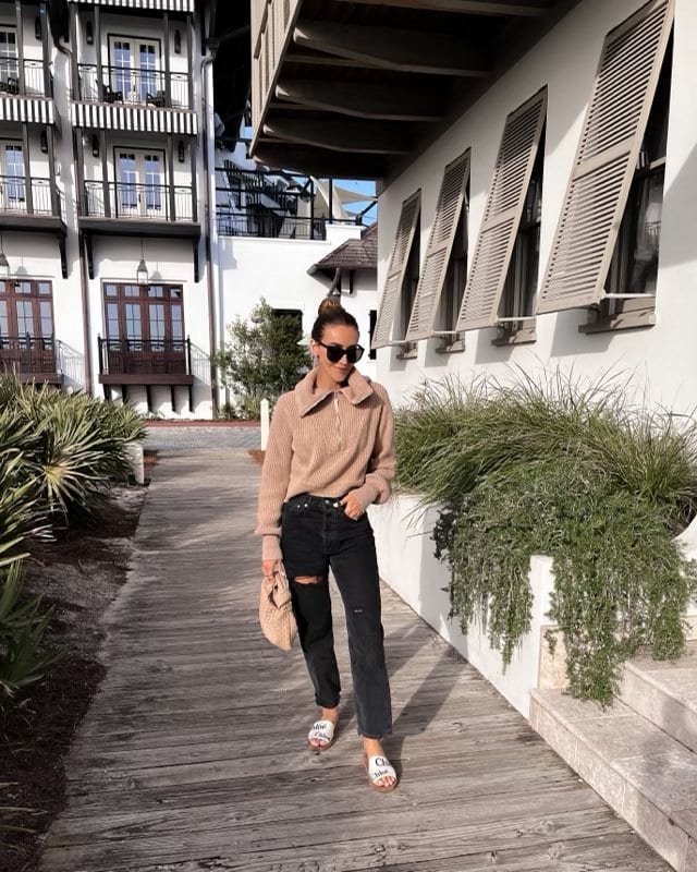 Karina wears tan quarter zip from Nordstrom with agolde jeans and chloe slides