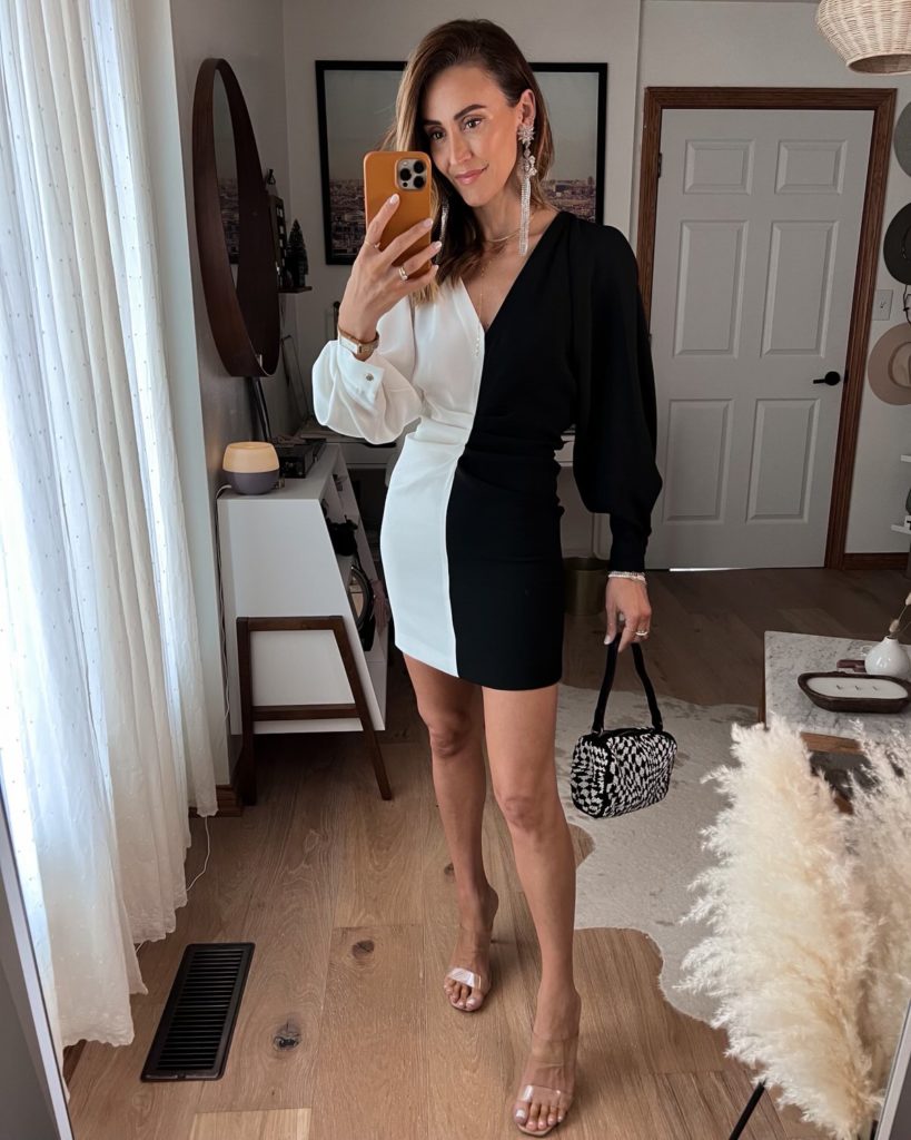 Karina wears mango black and white cocktail mini dress