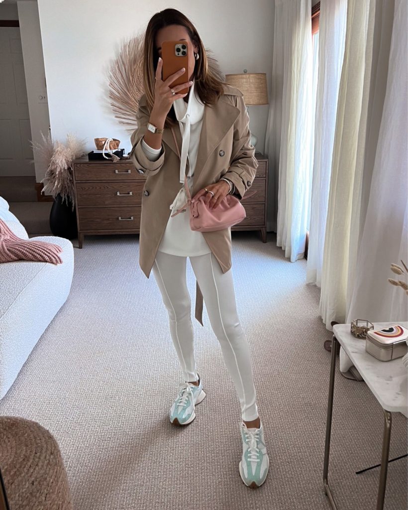 Karina wears walmart matching white set with H&M trench coat and sneakers