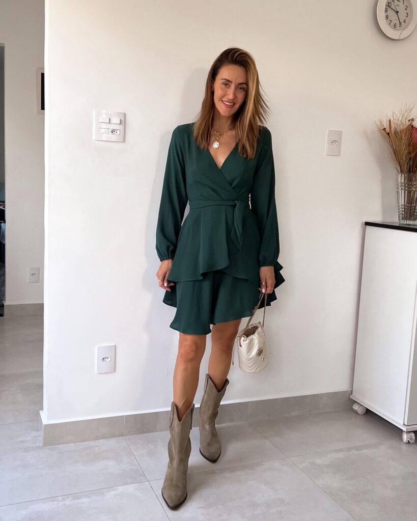 Karina wears green amazon mini dress with gucci bucket bag and isabel marant boots