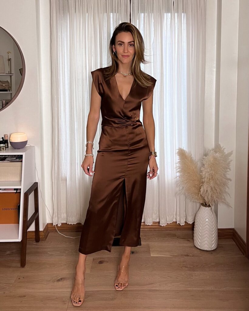 karina wears zara brown satin dress