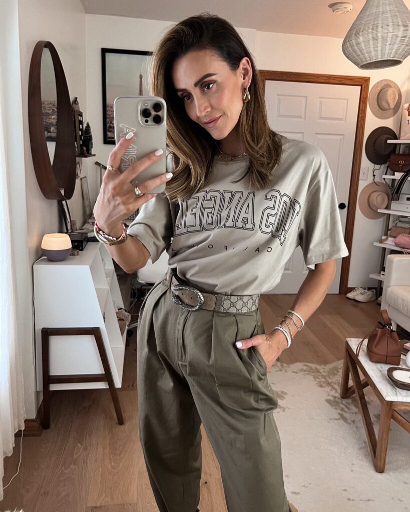 Karina wears amazon loose fit olive pant with graphic tee