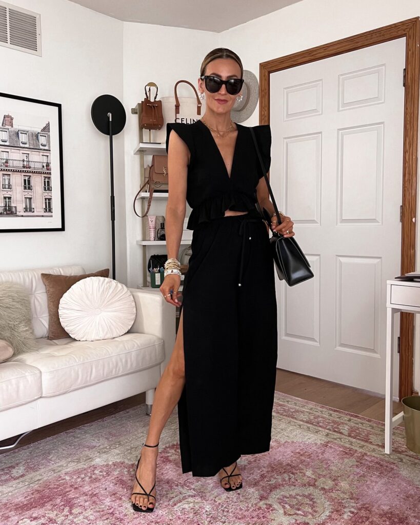 karina wears black amazon matching set