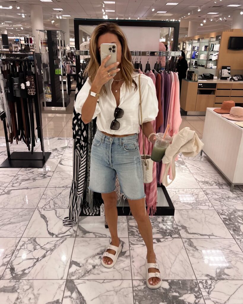 Karina wears gucci dad sandal with linen top and 90s denim shorts