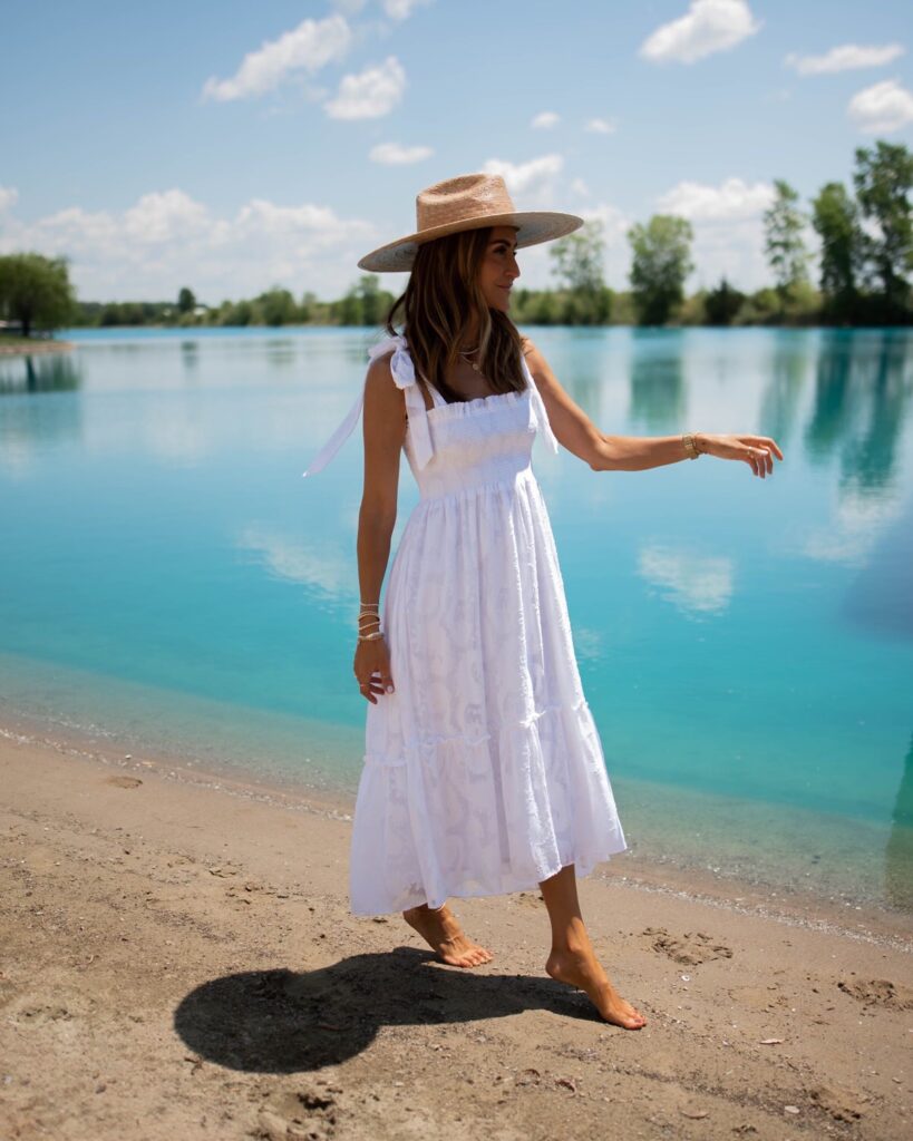 karina wears lilly pulitzer white midi dress with lack of color sun hat
