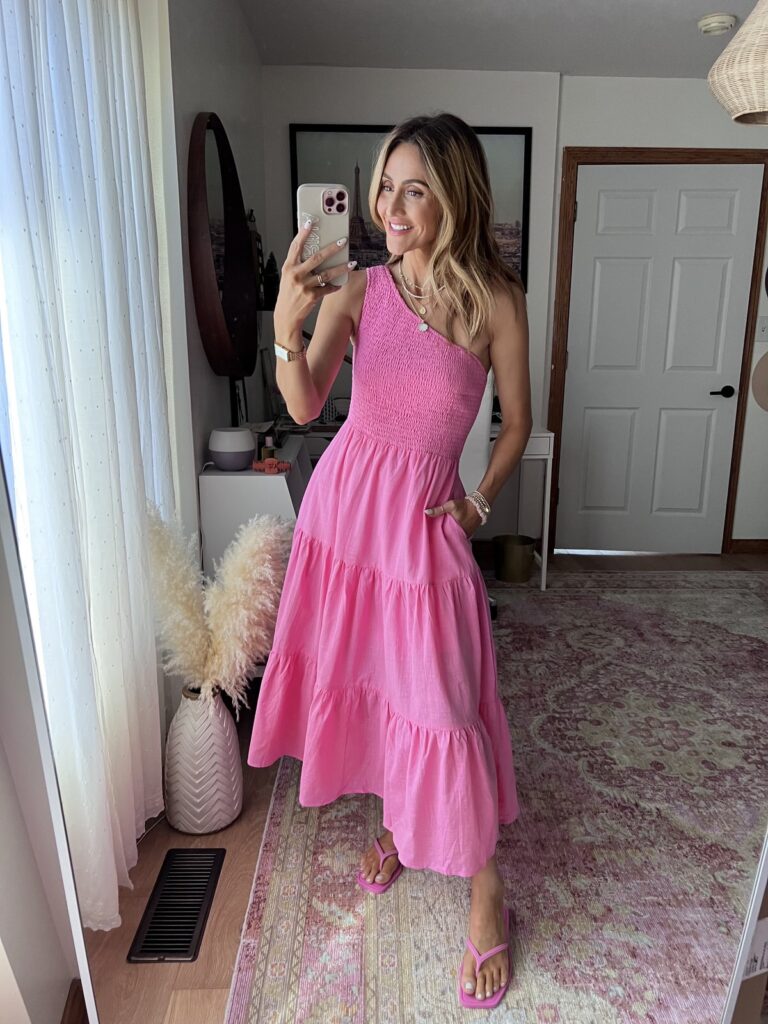 karina wears amazon pink one shoulder tiered dress with pink sandals