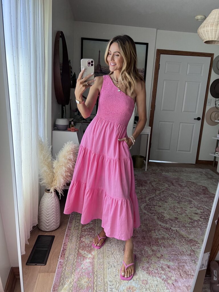 karina wears amazon pink one shoulder tiered dress with pink sandals