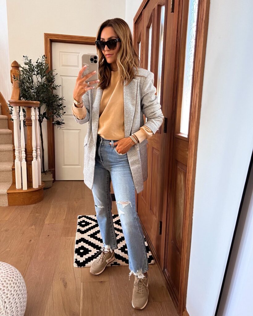 karina wears topshop grey blazer with pistola jeans and sneakers