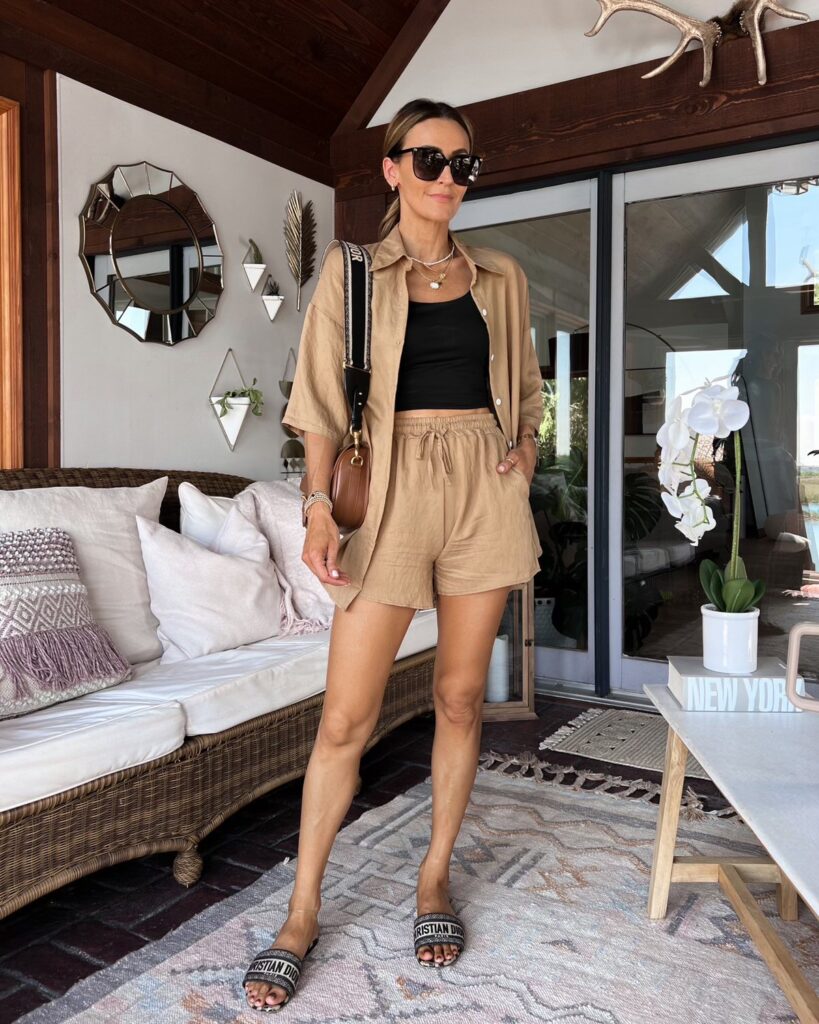 karina wear tan amazon linen matching set with dior bag