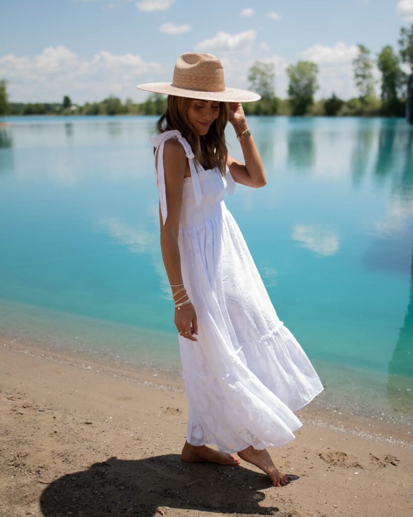 karina wears lilly pulitzer white midi dress with lack of color sun hat