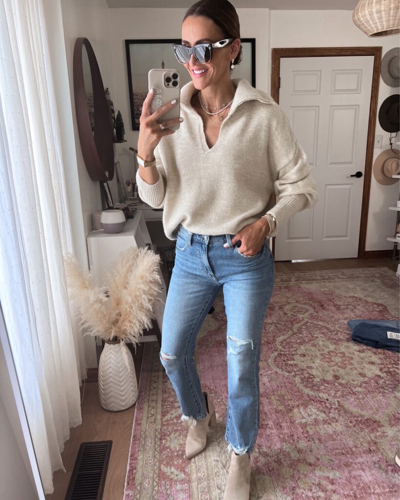 karina wears pistola jeans with topshop cream sweater