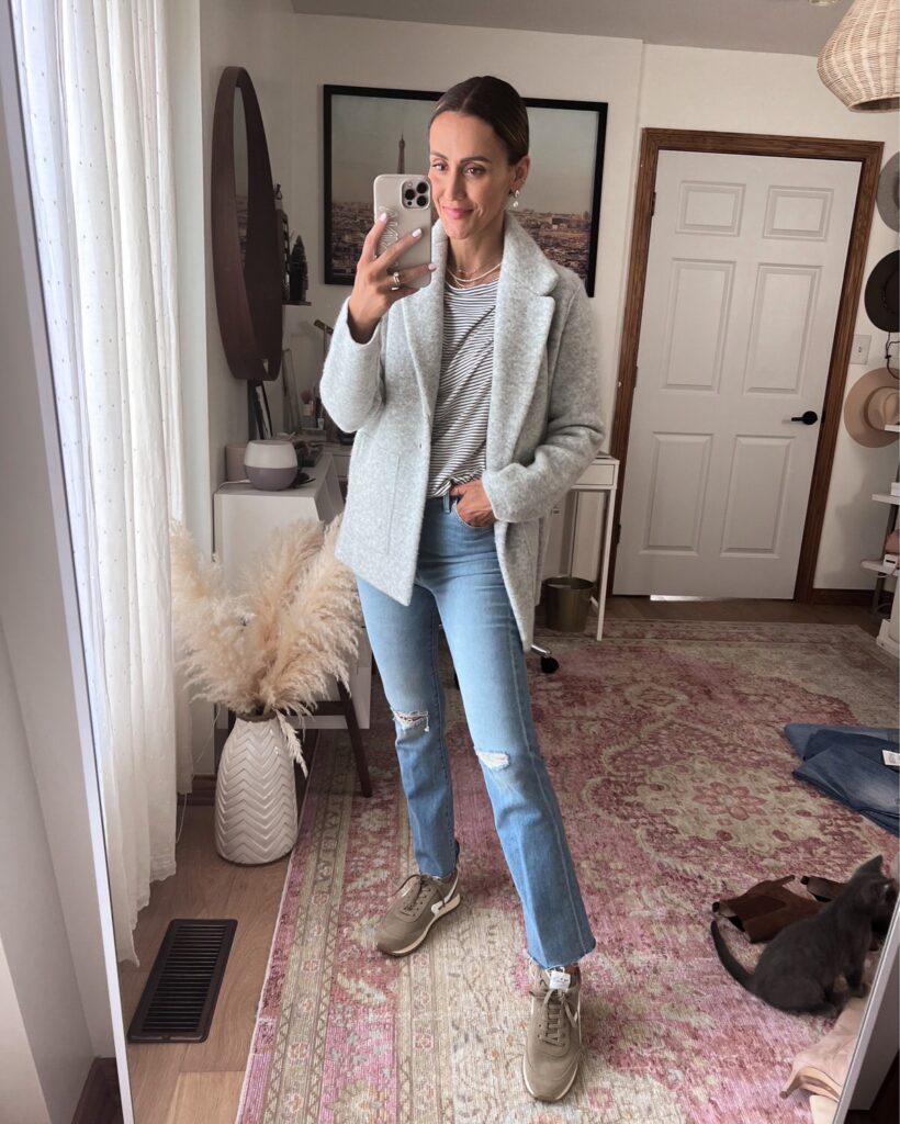 karina wears MOTHER jeans with gray wool jacket