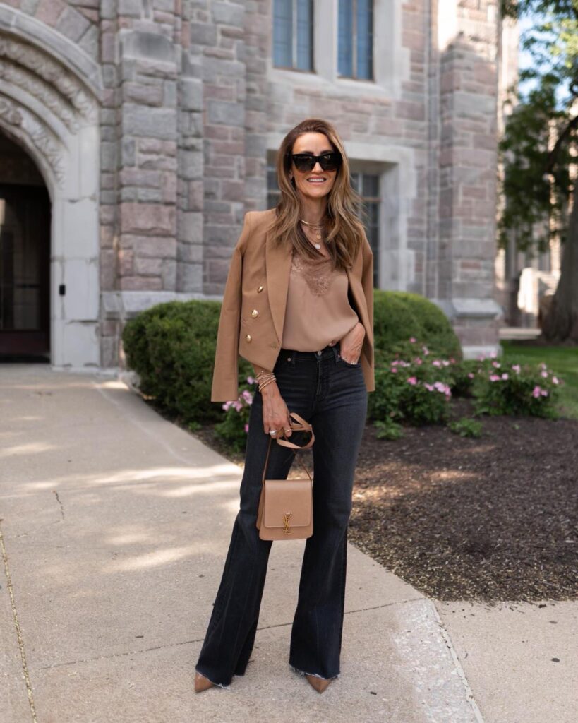 karina wears express flared jeans with express cropped blazer