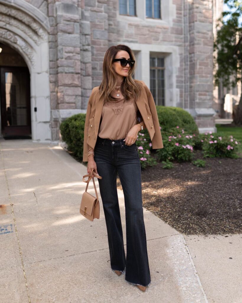 karina wears express flared jeans with express cropped blazer