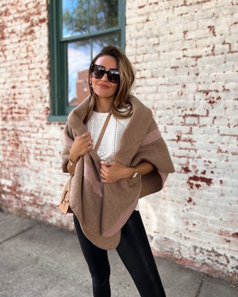 Karina wears walmart blanket scarf with sweater and faux leather leggings