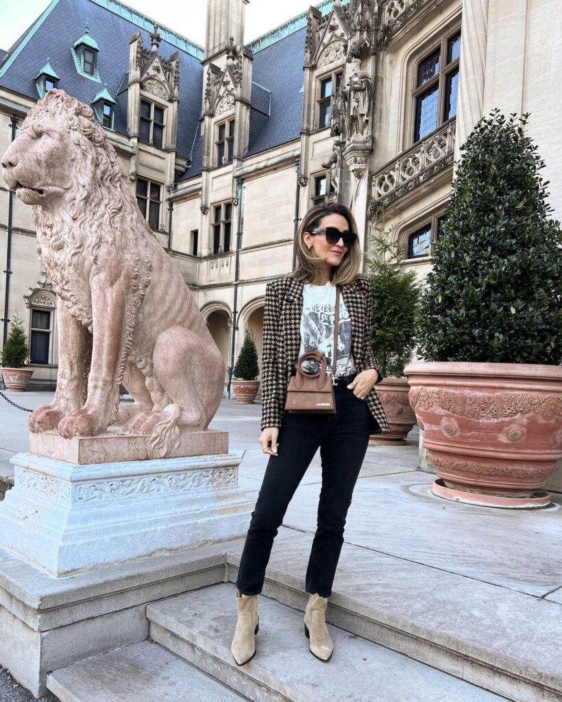 Karina wears plaid blazer with graphic tee and agolde black jeans