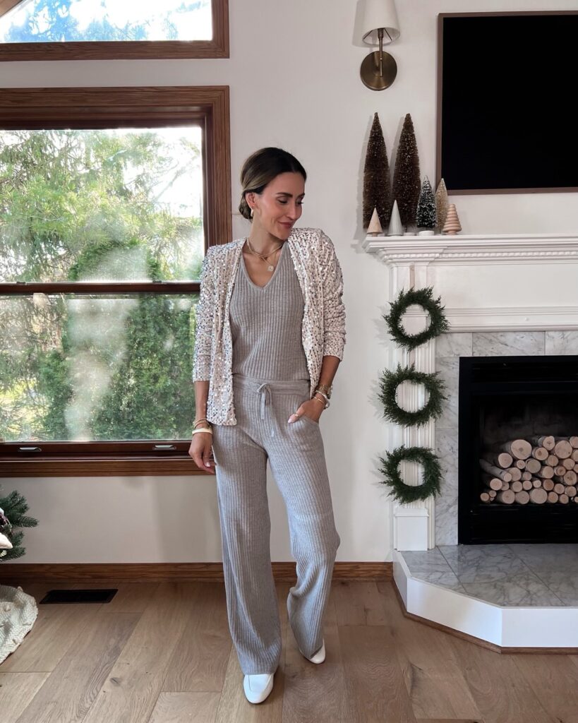 Karina wears evereve sequin blazer with barefoot dreams matching set