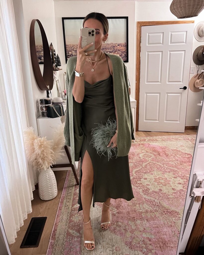 Karina wears Amazon sage green dress with green cardigan