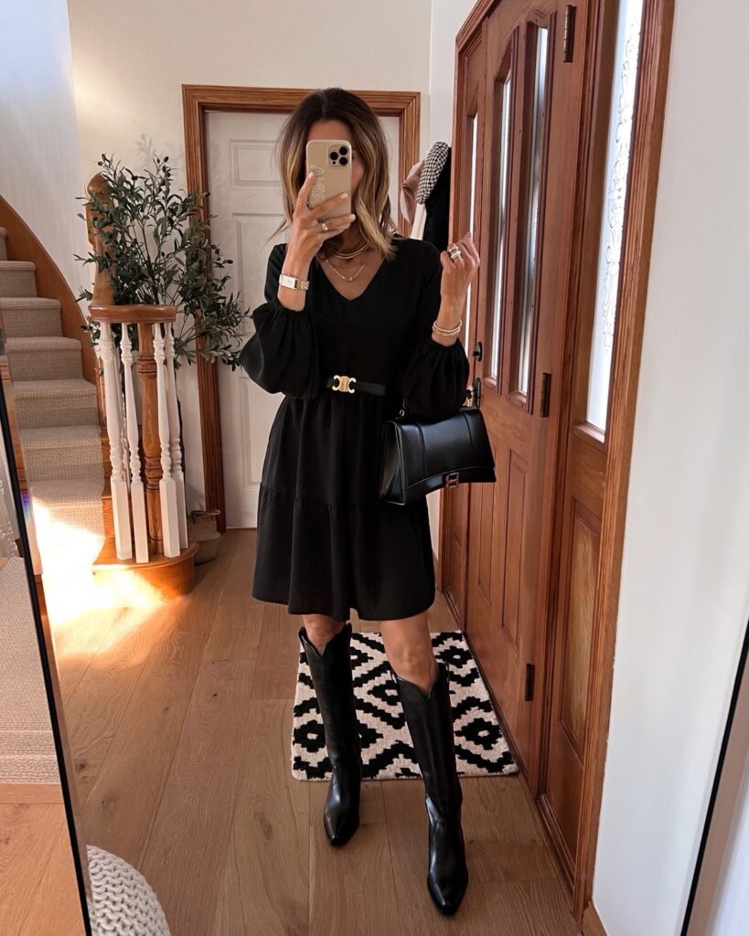 Karina wears amazon black mini dress with anine bing boots