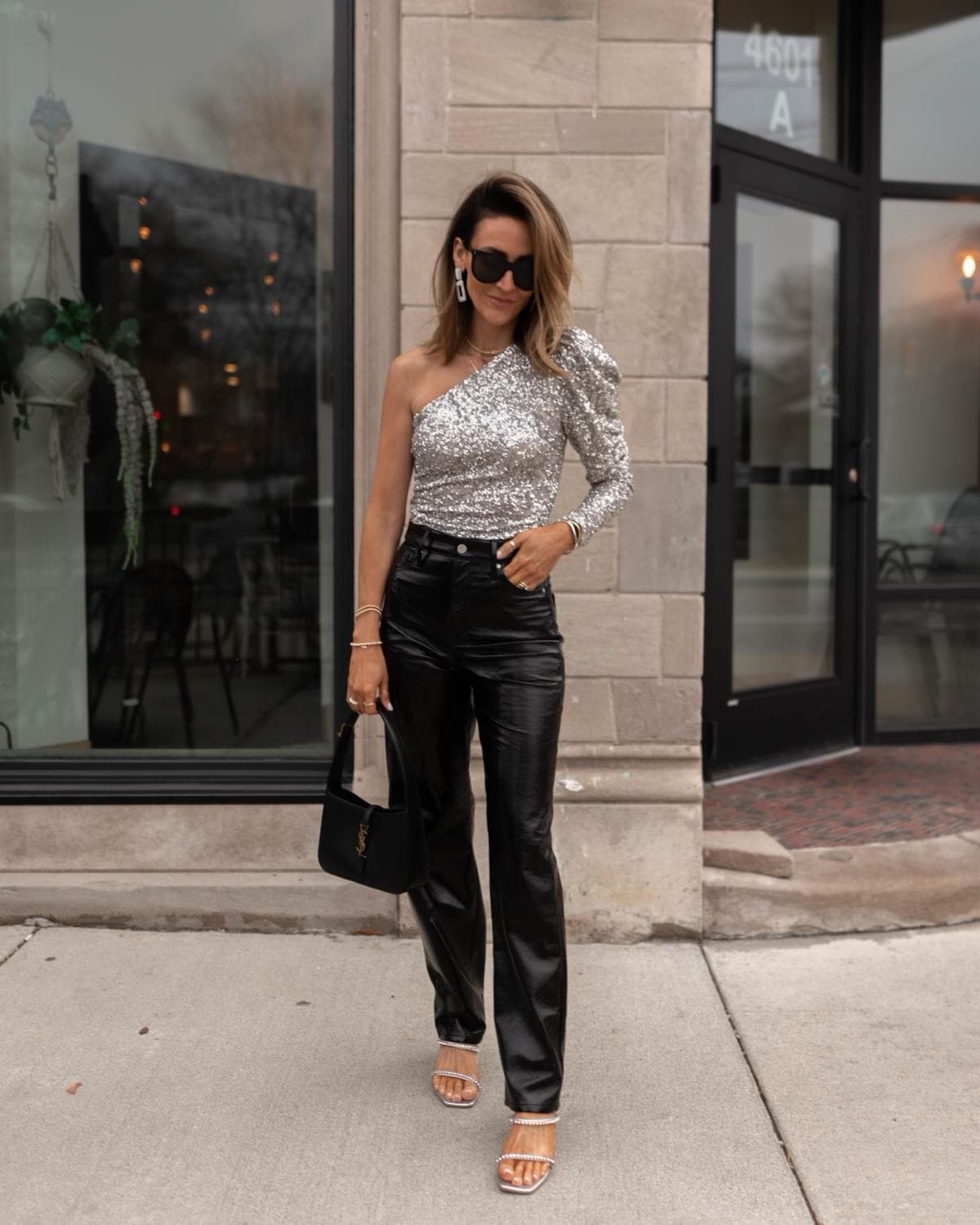 Karina wears Express Faux leather pant and sequin top - Karina Style Diaries