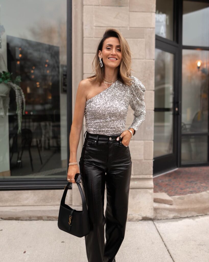 Karina wears Express Faux leather pant and sequin top