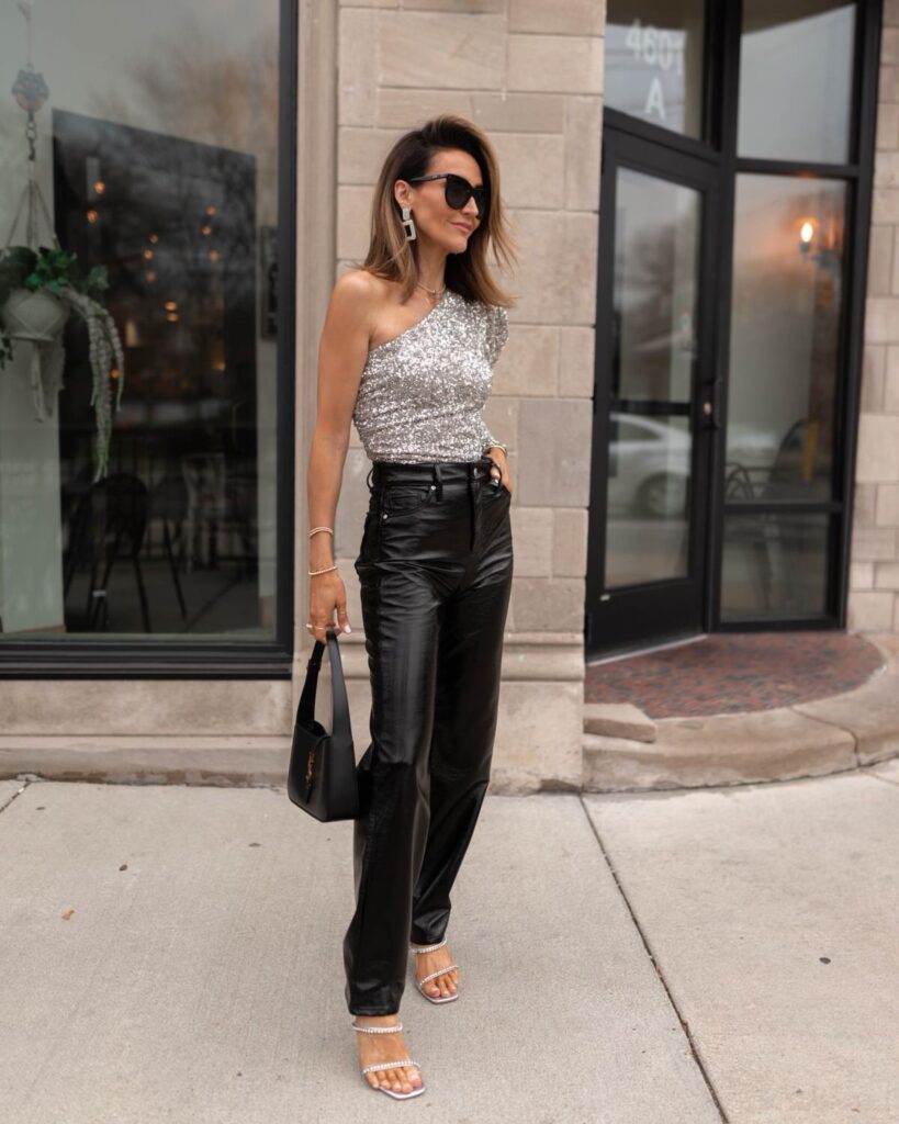 Karina wears Express Faux leather pant and sequin top