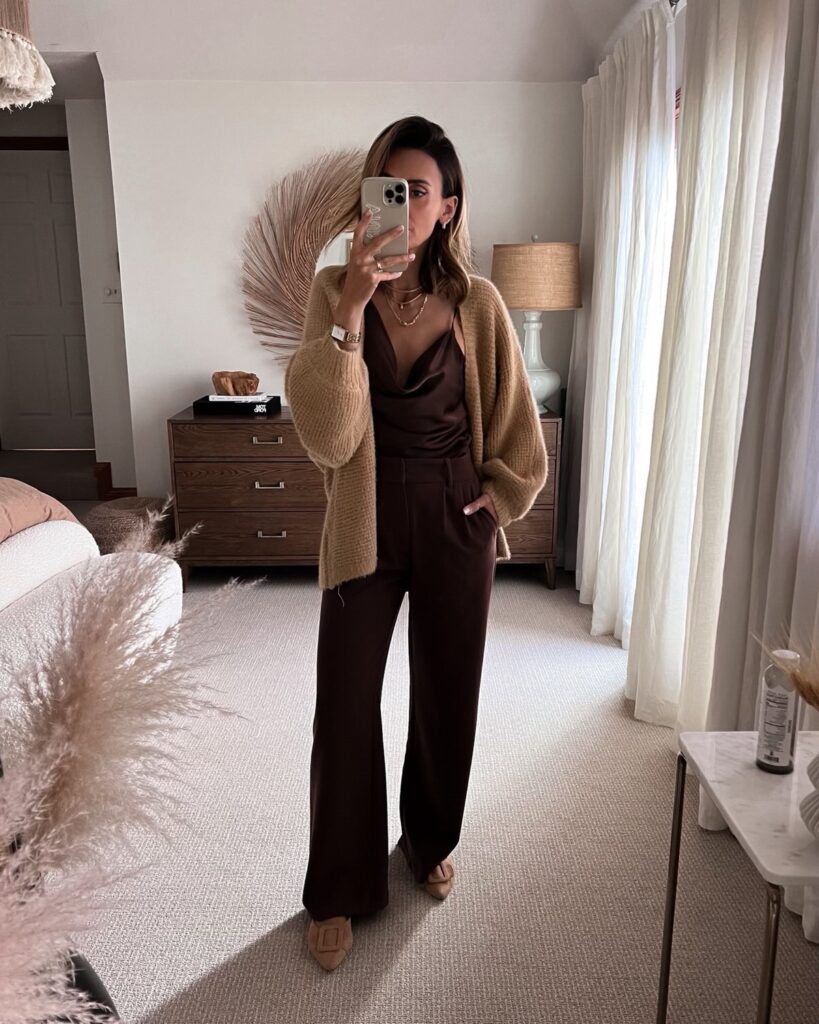 Karina wears Amazon cardigan with abercrombie trousers and silk top