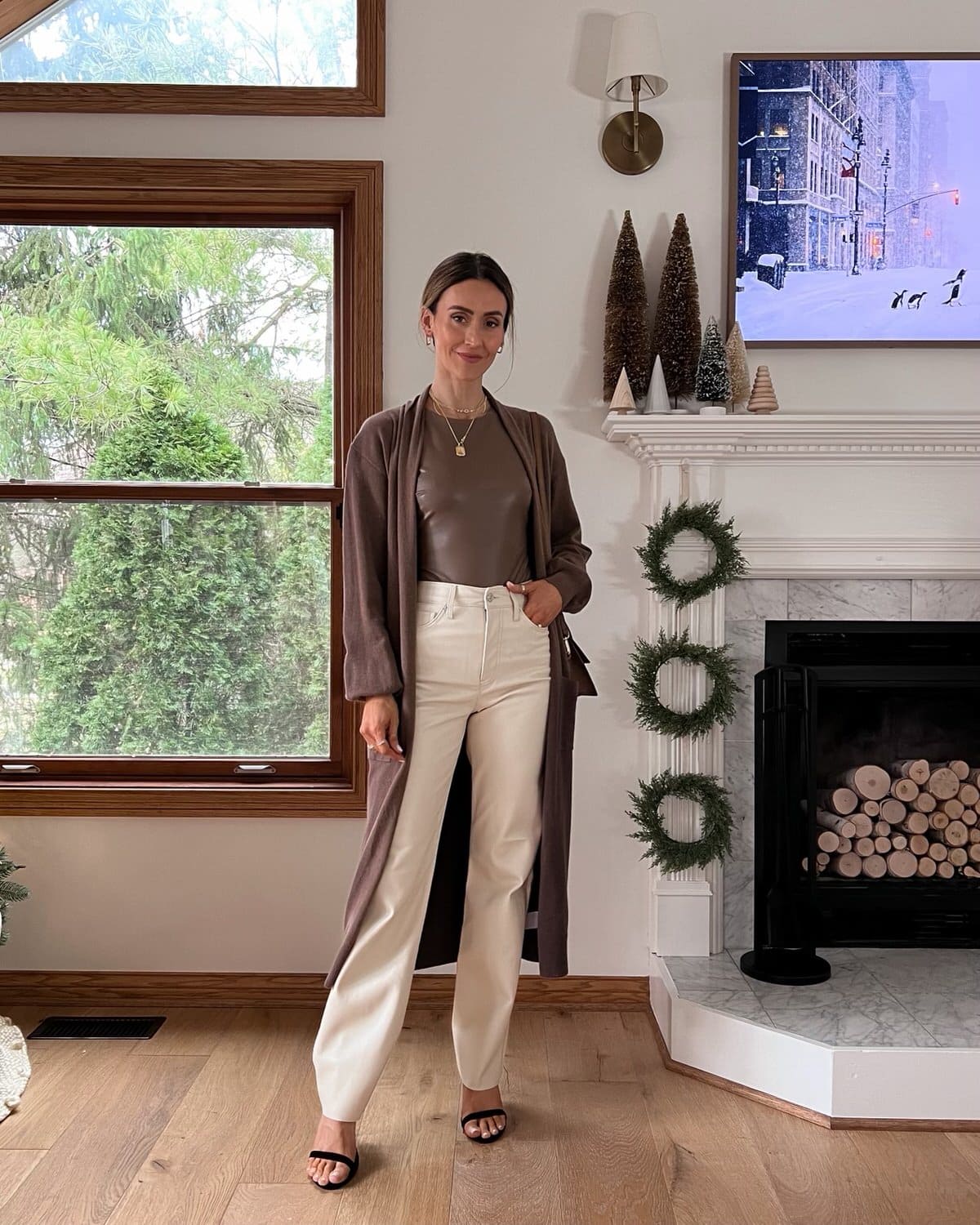 Karina wears Express faux leather pants with body suit and cardigan -  Karina Style Diaries