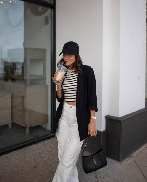Karina Style Diaries wears H&M cargo pants with croped stripped tank and oversized blazer