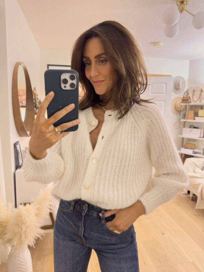 Karina Reske wears Sezane Emile Cardigan and serge trousers