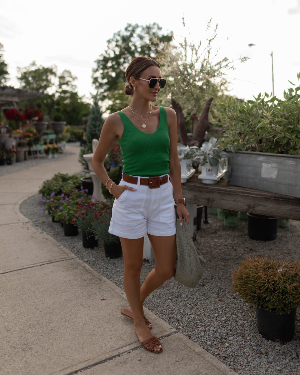 White shorts and green tank chic outfit