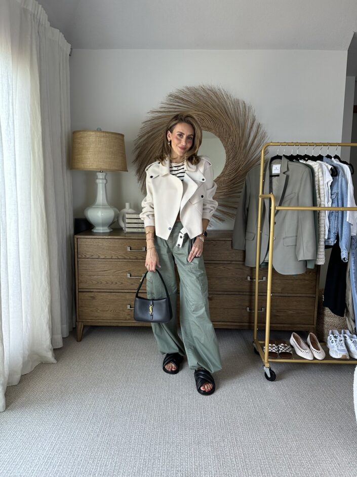 Cargo pants paired with leather jacket
