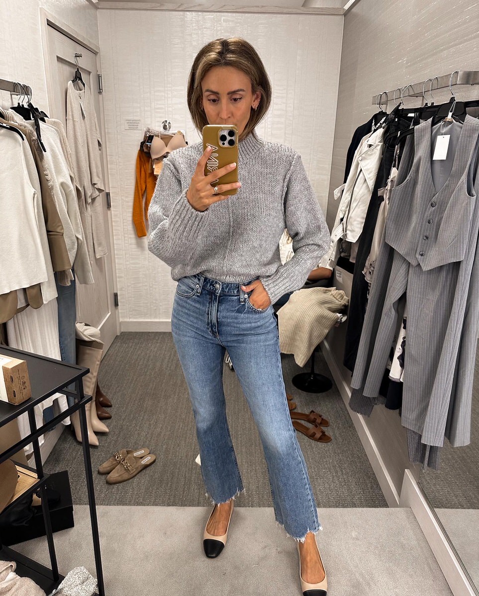 Topshop sweater with high wasited flare jeans and steve madden ballet flats 
