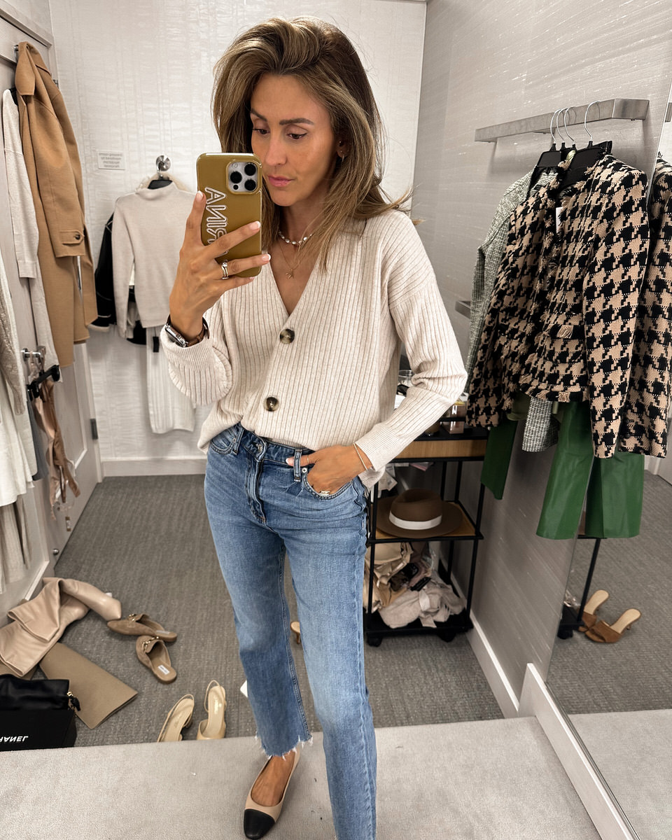 Madewell sweater with high waisted flare jeans