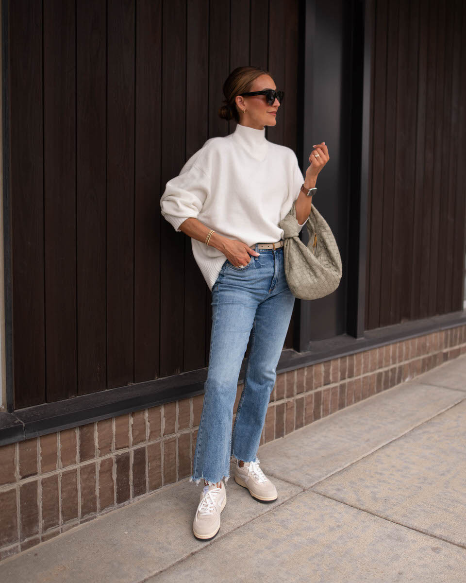 COZY SWEATERS ON A BUDGET  White sweater outfit, Turtle neck and jeans,  Sweater and jeans outfit